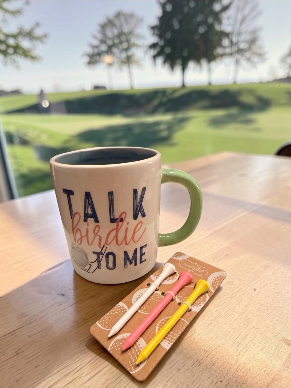 Mud Pie White Mug with Green Handle and Golf Tees (New w/red ink mark on back)